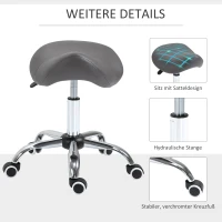 HOMCOM Rollende kruk, zadelvormige zitting, in hoogte verstelbaar, 360° draaibaar, kunstleer, donkergrijs, 53 x 52 x 49-61 cm(m-6)