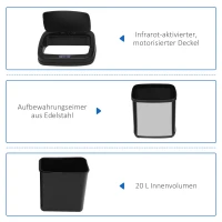 HOMCOM Sensorprullenbak 20L RVS Automatische prullenbak met bewegingssensor, binnenemmer 33 x 25 x 42,5 cm Zilver+Zwart(m-4)