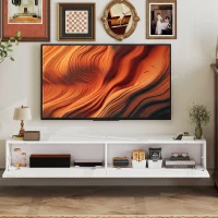 HOMCOM Meuble TV suspendu 140cm, meuble télé pour téléviseur 72 pouces, 2 portes rabattables, 140x25x22cm, blanc(m-7)