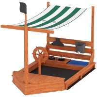 Outsunny Zandbak met Zonnedak Piratenschip, incl. Keukenspeelset voor Kinderen, Massief Hout, 180 x 103 x 144,5 cm, Oranje(m-10)