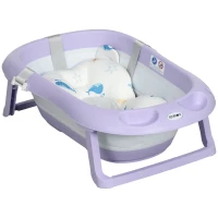 ZONEKIZ Cădiță Pliabilă pentru Baie Copii 0-6 Ani cu Pernă și 2 Rafturi, 83x48x23.5 cm, Mov și Alb(m-12)