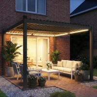 Outsunny Pergola 3 x 3 m Terrassenüberdachung mit Solar LED-Beleuchtung verstellbar Lamellendach Kurbelgriff Entwässerungsrinnen(m-9)
