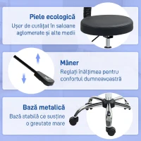 HOMCOM Taburet cu Roți, Rotativ 360°, Reglabil pe Înălțime, Piele Ecologică, Metal, 46x51x78-93 cm, Negru(m-6)