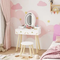 AIYAPLAY Kids Vanity Table and Chair Set with 3-Colour LED Lights Mirror, Drawer, Storage Boxes, for 3+ Years, White(m-10)