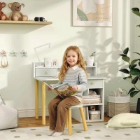 AIYAPLAY Two-Piece Children Study Table with Hutch, Kids Desk and Chair Set with Storage, Drawer, Shelves, Green(m-2)