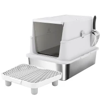 PawHut Katzentoilette, Edelstahl, XL-Innenraum, mit Schaufel, Hellgrau(m-1)