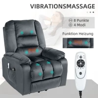 HOMCOM Massagestoel met opsta-hulp seniorenfauteuil relaxfauteuil, 8 massagepunten, 2 zijzakken, 85 cm x 94 cm x 107 cm, Grijs(m-5)