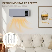 HOMCOM Ventilator Termic de Perete Oscilant cu Telecomandă, Temporizator 12h și 2 Moduri, 54.5x12x21.5 cm, Gri(m-8)