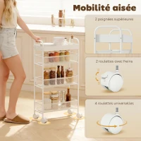 HOMCOM Chariot de rangement à 4 niveaux, desserte à roulettes, 3 paniers coulissants, panier supérieur 19 x 43,2 x 80 cm blanc(m-7)