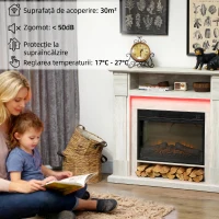 HOMCOM Șemineu Electric 1800W Reglabil cu Flacără 3D, Raft, Timer și Telecomandă, 105x27x97 cm, culoare Lemn(m-7)