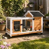 PawHut Konijnenhok voor Dwergkonijnen, Cavia's, met Wielen, 108 x 58 x 73,5 cm, Geel(m-2)