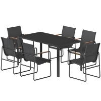 Outsunny Ensemble de Salle à Manger d'Extérieur 7 Pièces pour 6 Personnes, Table en Verre et Chaises avec Accoudoirs Décoratifs, Maille Résistante aux Intempéries, Noir(m-12)