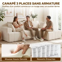 HOMCOM Canapé d'angle 256 cm avec méridienne, canapé-lit 3 places en chenille forme de L, assise et accoudoirs larges, beige(m-4)