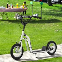 HOMCOM Trottinette enfants, grandes roues pneumatiques 12 pouce en caoutchouc, charge 100 kg, trottinette tout terrain avec double freins, hauteur réglable et béquille latérale, 5 à 12 ans, blanc(m-10)