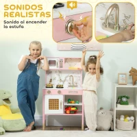 AIYAPLAY Cocina de Juguete de Madera con Sonido con Accesorios de Acero Inoxidable Verduras para Cortar Rosa(m-4)