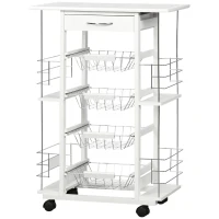 HOMCOM Chariot de service desserte de cuisine à roulettes multi-rangements 4 paniers métal tiroir + 4 range-bouteilles bois pin plateau carrelé blanc(m-10)