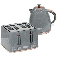 HOMCOM 1.7L 3000W Fast Boil Kettle & 4 Slice Toaster Set, Kettle and Toaster Set with 7 Browning Controls, Crumb Tray, Grey(m-1)