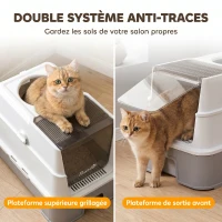 PawHut Bac à Litière pour Chat en Inox, Tiroir Coulissant, Couvercle Amovible, Pelle, Sacs Filtrants，Pédale, 60x40x45cm, Gris(m-5)