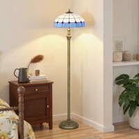 HOMCOM Tiffany-Style Floor Lamp with Handcrafted Stained Glass Shade, 152cm Tall Vintage Standing Lamp with Foot Switch and Dual Sockets for Living Room Bedroom, Bronze Tone and Blue(m-8)