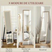 HOMCOM Oglindă Modernă în Mărime Naturală de Perete și Autoportantă, 37x157 cm, Alb și Lemn(m-6)
