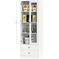 HOMCOM Mueble de almacenamiento moderno con armario de puertas de cristal, estantes ajustables y 2 cajones, 59x30x164 cm, blanco(m-6)