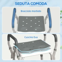 HOMCOM Sgabello per Doccia Regolabile con Braccioli e Fori di Drenaggio in Alluminio, 52x45x57-69 cm, Grigio(m-6)
