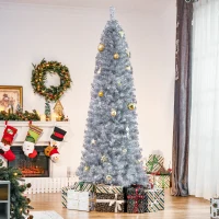 HOMCOM Albero di Natale Artificiale Innevato Alto 210cm con 818 Rami, Albero di Natale Slim con Base Rimovibile, in PET e Acciaio, Argento(m-10)