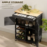 HOMCOM Modern Kitchen Trolley, Rolling Island Storage Cart with Drawer, 9-bottle Wine Rack, Door Cabinets, Black(m-4)