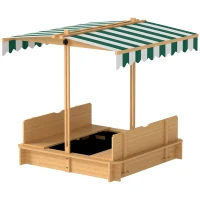 Outsunny Sandkasten 106x106 cm Kinder Sandbox aus Holz mit höhenverstellbar Abdeckung Sitzbänken Rücklehnen Hellbraun(m-11)