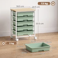HOMCOM 6-Tier Storage Trolley on Wheels, Metal Kitchen Rolling Cart with 5 Pull-Out Drawers, Green(m-3)