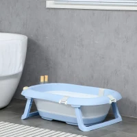 ZONEKIZ Vaschetta Bagnetto Pieghevole Bambini 0-6 Anni con Cuscino e 2 Ripiani, 83x48x23.5 cm, Blu e Bianco(m-10)