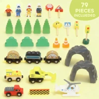 AIYAPLAY 79 Piece Wooden Train Set, Kids Train Track Mine Themed with Crane, Helicopter(m-5)