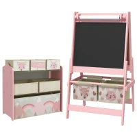 Tableau chevalet double-face rouleau papier 2 paniers + meuble à jouets de rangement à 6 boîtes, 63 x 30 x 66 cm, rose(m-1)
