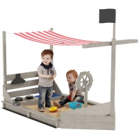 Outsunny Zandbak met Zonnedak in Piratenschip Stijl, Inclusief Keukenspeelset voor Kinderen, Massief Hout, 180 x 103 x 144,5 cm, Grijs(m-11)