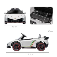 HOMCOM Carro Elétrico Lamborghini 12V Velocidade Máxima 7 km/h com Controlo Remoto MP3 Luzes e Cinto de Segurança 111x61x45 cm Branco(m-3)