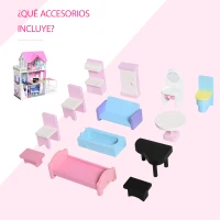 HOMCOM Casa de Muñecas de Madera de 3 Pisos con Patio 86x30x87 cm Muebles Accesorios de 13 Piezas Diseño Lindo Casita Muñecas de Juguete Madera Rosa(m-6)