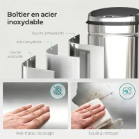 HOMCOM Poubelle à capteur de mouvement ouverture automatique 50 L en acier inoxydable noir et argent(m-6)