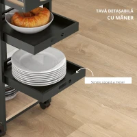 HOMCOM Cărucior de servire pentru bucătărie pe roți, 2 tăvi detașabile, sertar, raft, stejar deschis, lemn de pin, negru(m-7)