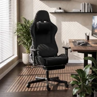 HOMCOM Scaun Gaming Ergonomic cu Masaj și Pernă Lombară Încălzită, Fotoliu Gaming Înclinat din In, Brațe 4D, Negru(m-7)