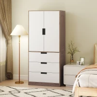 HOMCOM Armoire 2 portes, armoire moderne avec 3 tiroirs et tringle de suspension pour chambre à coucher, marron(m-2)