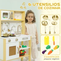 AIYAPLAY Cozinha de Brincar em Madeira com Som Acessórios em Aço Inoxidável Micro-Ondas Forno Lava-Loiças Legumes para Cortar 55x24x96 cm Dourado(m-6)