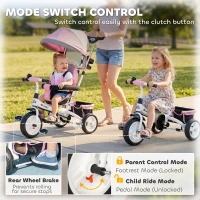 HOMCOM 6 in 1 Kids Trike Push Bike w/ Push Handle, Canopy, 5-point Seat Belt, Storage, Footrest, Brake, for 1-5 Years, Pink(m-6)