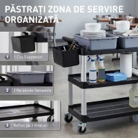 HOMCOM Carucior Profesional pentru Curățenie cu 3 Rafturi, 2 Recipiente Detașabile, Găleată Laterală și 4 Roți, Negru(m-4)