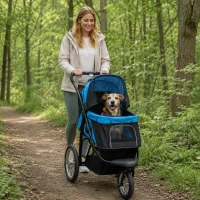 PawHut hondenkinderwagen, opvouwbaar, zonnescherm, gaasvenster, opbergmand, blauw, 111 x 58 x 107 cm(m-2)