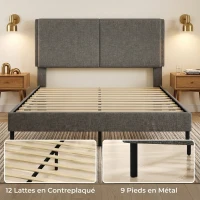 HOMCOM Cadre de Lit 140 x 190 cm avec Sommier et Tête Réglable, Lit Double Rembourré en Lin, Rangement au-dessous, Gris(m-6)