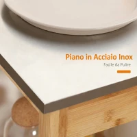 HOMCOM Carrello da Cucina in Bambù con Piano in Acciaio Inox, Cassetto e Mensole a Doghe, Legno(m-6)