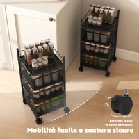 HOMCOM Carrello Cucina a 3 Livelli con Cestini in Metallo Girevoli, Ruote e Freno, 27.5x27.5x62 cm, Nero(m-6)