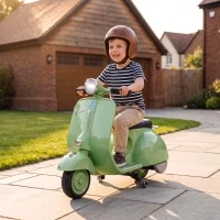 AIYAPLAY Mota Elétrica Infantil Vespa com Licença Oficial, Arranque Suave, Rodinhas Desmontáveis, Luz Dianteira, Música, Buzina e USB, Verde(m-4)