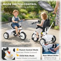 HOMCOM 6 in 1 Tricycle for Kids with 5-point harness straps, Removable Canopy, White(m-6)