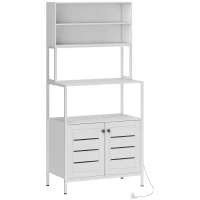 HOMCOM Mobile Dispensa con Ripiani, Armadietti e 2 Prese di Ricarica, in Legno e Acciaio, 80x42x171 cm, Bianco(m-1)